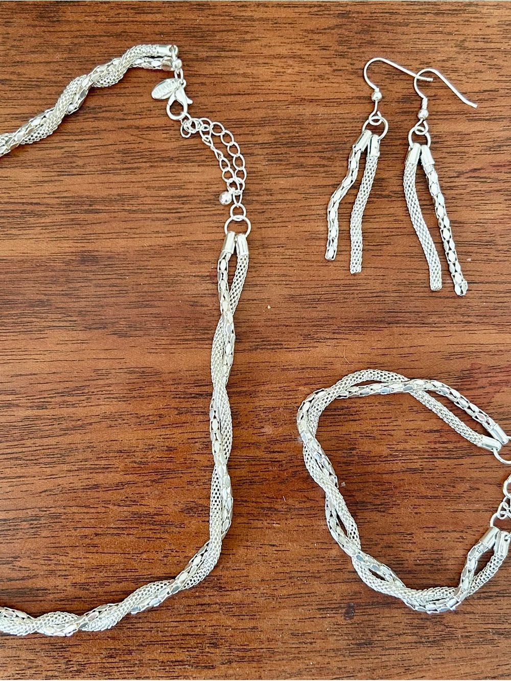 Silver-Tone Twisted Mesh Necklace with Matching Earrings and Bracelet